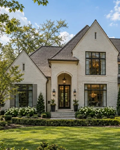 Stone home with steep gables, black-framed windows, and an arched front entrance