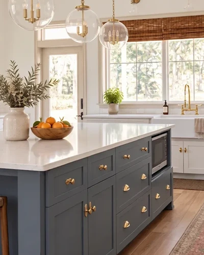 White kitchen with a blue island, brass hardware, and pendant lights
