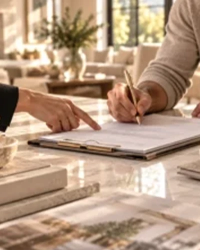 Client signing real estate paperwork at a kitchen island