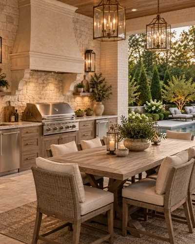 Covered outdoor kitchen with a built-in grill, range hood, and dining table